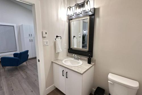 迪耶普Luxurious Townhouse in Dieppe的一间带水槽、镜子和卫生间的浴室