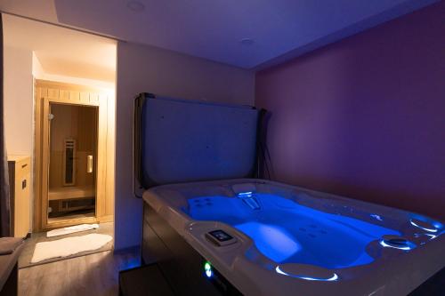 拉多夫吉卡德沃尔城堡酒店的一间客房内的蓝色浴缸浴室