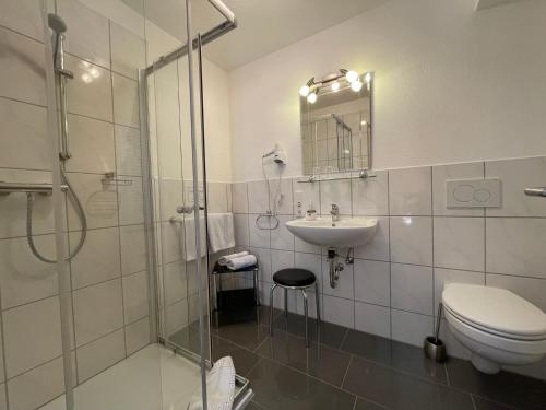 特里滕海姆Gästehaus Mack的浴室配有卫生间、盥洗盆和淋浴。