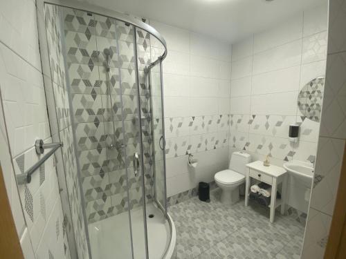 陶格夫匹尔斯Neiroprakse Mini Hotel的带淋浴、卫生间和盥洗盆的浴室