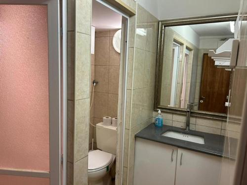 海法לאון ספא לופט - חדרי אירוח עם בריכה פרטית וסאונה בלב חיפה的一间带卫生间、水槽和镜子的浴室