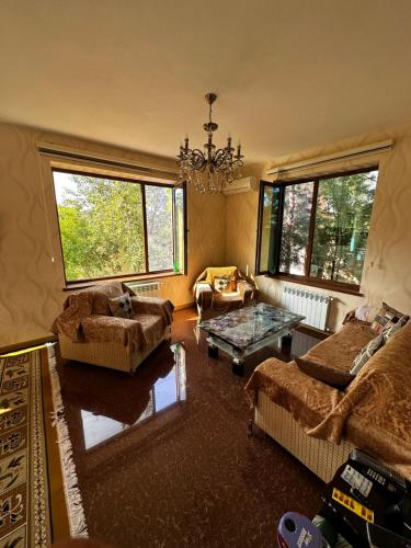 伊斯梅尔雷Xanagah Villa的客厅配有两张沙发和一个吊灯。