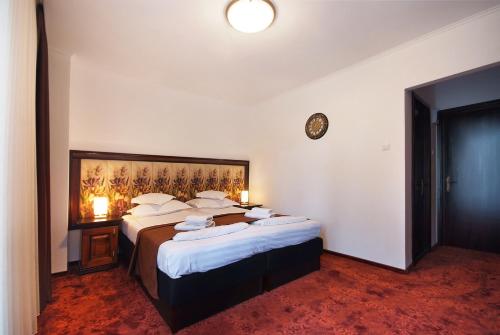 斯兰默多瓦Hotel Moldavia的酒店客房设有两张床和墙上的时钟。