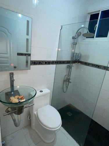 圣地亚哥洛斯卡巴Acogedor Apartamento的一间带卫生间和玻璃水槽的浴室
