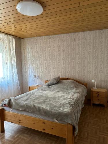 森海姆Ferienwohnung Vogtei7的一间卧室设有一张床和木制天花板