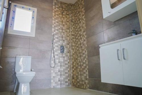 哈马马特Apt 5min de la zone touristique的带淋浴和卫生间的浴室以及窗户。