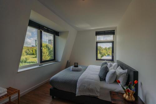 阿姆斯特丹Brand new bright luxurious villa in Amsterdam!的一间卧室设有一张床和两个窗户。