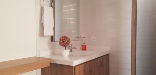 圣希尔Aptahotel Guest House的白色的浴室设有水槽和镜子