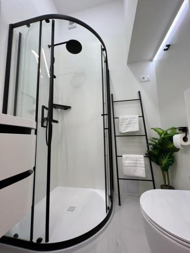 皮兰Grand Apartment Piran的浴室里设有玻璃门淋浴
