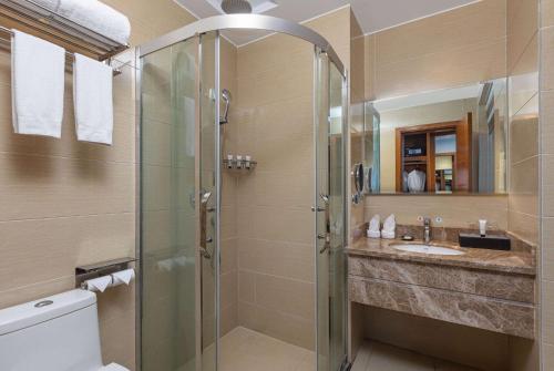 大理大理洱海公园戴斯精选温德姆酒店的带淋浴和盥洗盆的浴室