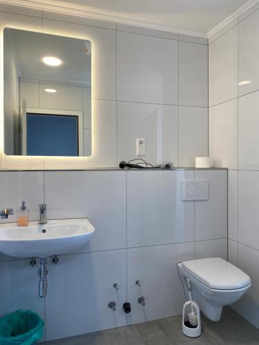 杜塞尔多夫Kaiserswerth的一间带水槽、卫生间和镜子的浴室