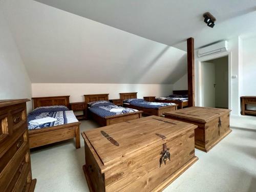 米库洛夫Pension Mikulov的一间设有四张床和木箱的客房