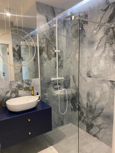 格但斯克Apartament PORTO的一间带水槽和玻璃淋浴的浴室