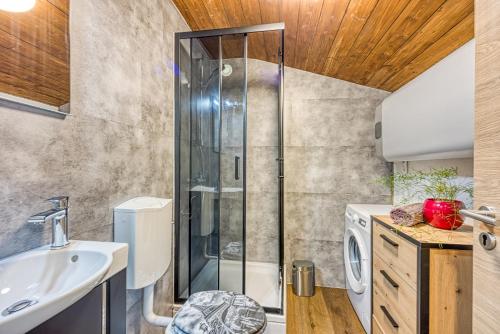 亚斯特雷巴斯科Holiday Home Carpe Diem的带淋浴和盥洗盆的浴室
