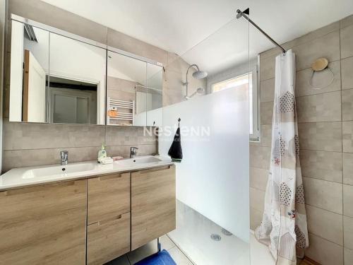 圣西普里安2948-Maison 8 couchages 600m de la mer的一间带水槽和镜子的浴室