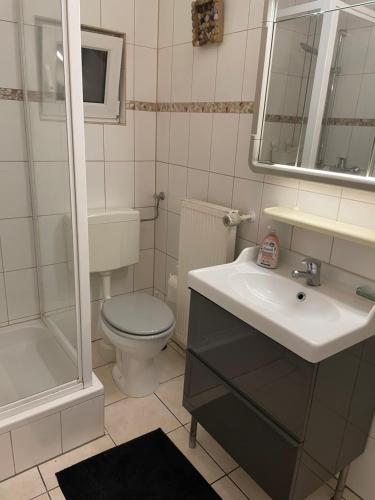劳伦堡Laurenburg cosy apartment的一间带水槽、卫生间和淋浴的浴室