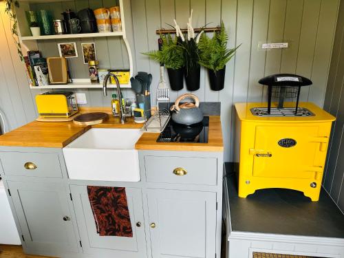圣奥斯特尔Miners Hut的厨房配有水槽和黄色炉灶
