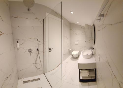 都拉斯Old Town Villa的带淋浴和卫生间的白色浴室