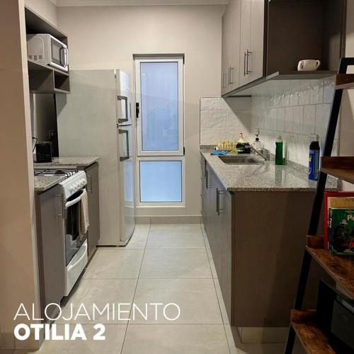 Aldea CamareroOTILIA 2的一个带不锈钢用具的厨房和一个大窗户