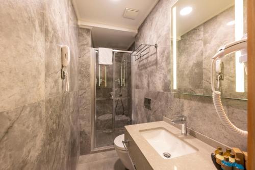 伊斯坦布尔Hotel Ravi的一间带水槽、卫生间和镜子的浴室