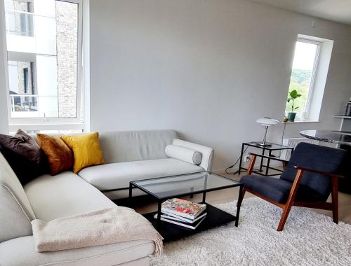 奥斯陆Private room in shared Modern Apartment - Oslo Hideaway的客厅配有沙发和桌子