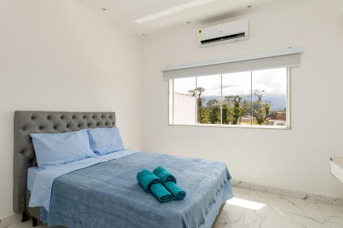 安格拉杜斯雷斯Casa Na Praia em Angra dos Reis的一间卧室配有一张带蓝色毛巾的床