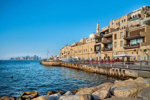 特拉维夫Central, Authentic and Stylish Old Yafo Experience的靠近一些建筑物和岩石的水体