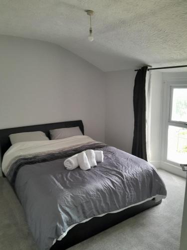 彭布罗克郡Conveniently located, newly refurbished flat (sleeps 4)的一间卧室配有一张床,上面有两条毛巾