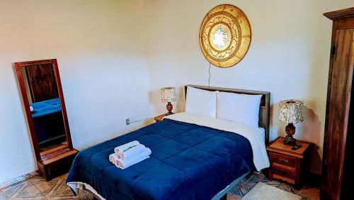 蒂拉登特斯Pouso de Santana的一间卧室配有蓝色的床和镜子