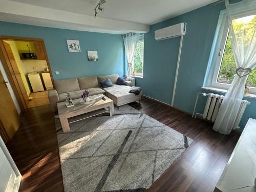 Ferienwohnung, Apartment, Monteurwohnung mit Klimaanlage Wettin - Löbejün的客厅配有沙发和桌子