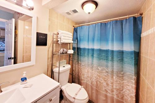 代托纳海滩Pirates Cove Condo Unit #209的一间带卫生间和淋浴帘的浴室