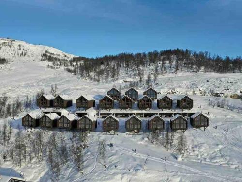 松达尔Rindabotn Fjelltun的雪中小屋的空中景观