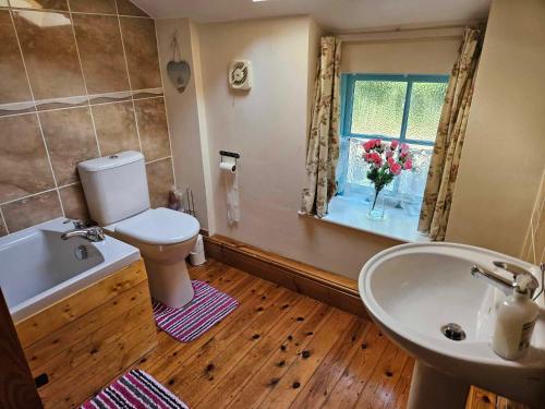 巴克斯顿Rose Cottage - Cosy cottage in Millers Dale的浴室配有卫生间、浴缸和水槽。