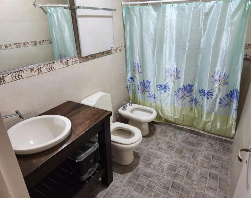 圣拉斐尔Casa nueva centrica的浴室配有水槽、卫生间和浴帘