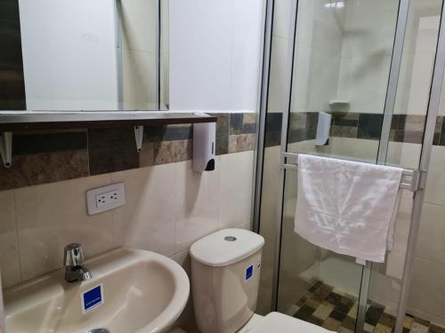 巴亚索拉诺Ecohotel Linda Judith的浴室配有卫生间、盥洗盆和淋浴。