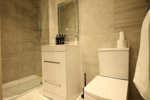 Monkwearmouth1 bedroom beachfront apartment的白色的浴室设有卫生间和淋浴。