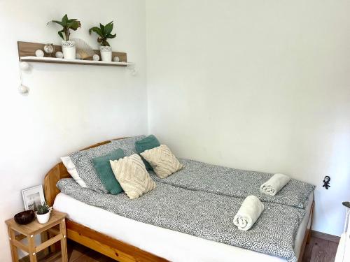 布达佩斯Beethoven Apartman的一间小卧室,配有带枕头的床