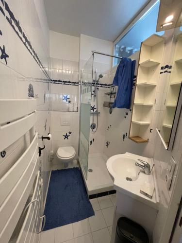 滨海图维列Le Bleu的带淋浴、卫生间和盥洗盆的浴室