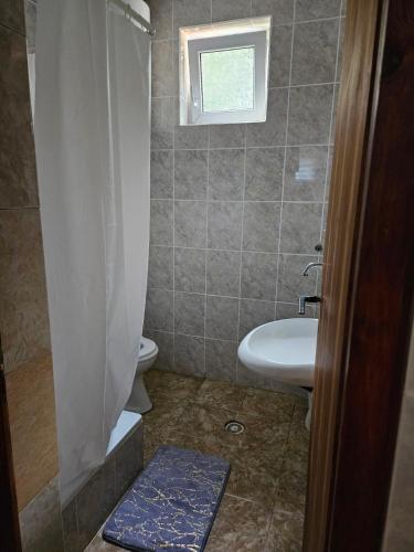 贝拉茨尔克瓦Vila Lana的一间带水槽和卫生间的浴室以及窗户。