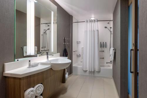 阿米莉亚岛SpringHill Suites by Marriott Amelia Island的浴室配有水槽、淋浴和浴缸。