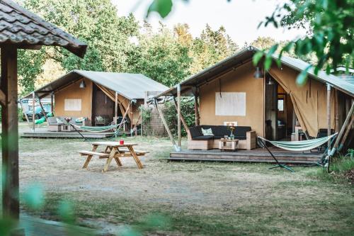 霍尔滕Glamping Holten luxe safaritent 1的几顶帐篷配有野餐桌和吊床