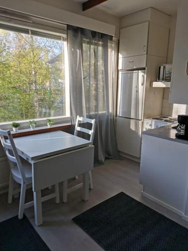 科科拉Ihana yksiö的厨房配有桌椅和冰箱。