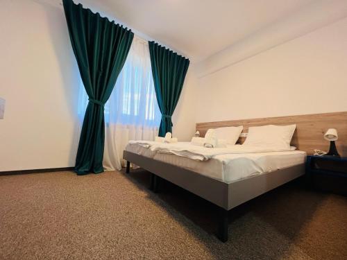 Tîrgu FrumosStef Rooms的一间卧室设有床铺和一个带绿色窗帘的窗户。