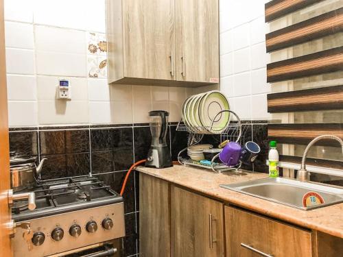 阿布贾Cozy 1 bedroom apartment in Abuja的厨房柜台设有水槽和炉灶。