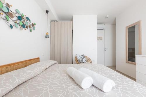 托瑞帕利Villa Briosa Maldive del Salento Pescoluse的一间卧室配有一张带两个枕头的床