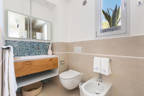 托瑞帕利Villa Briosa Maldive del Salento Pescoluse的一间带卫生间、水槽和镜子的浴室
