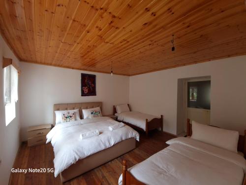 斯库台Mountain Vista Guesthouse Shkafi的一间卧室设有两张床和木制天花板