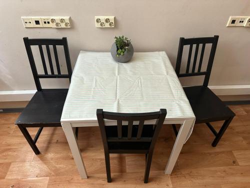维尔纽斯Pacific Hostel的一张带两把椅子的白色桌子和花瓶