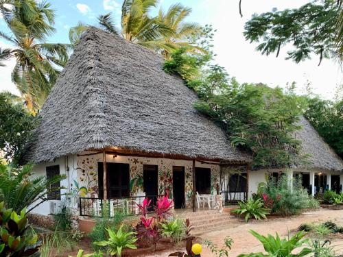 普瓦尼梅查恩加尼Mambo Ocean Resort的茅草屋顶的小房子