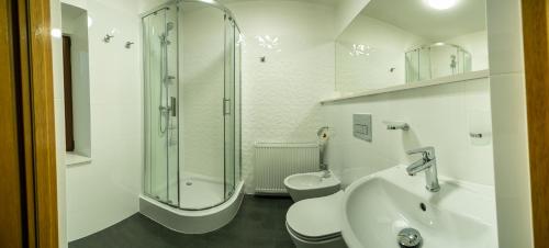 克拉科夫尤帕纳科吉托酒店的带淋浴、盥洗盆和卫生间的浴室